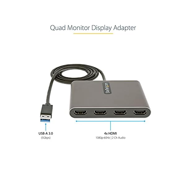 StarTech.com USB 3.0 auf 4x HDMI Adapter - Externe Video- und Grafikkarte - USB Typ-A auf Quad HDMI Display Adapter Dongle - 1080p 60Hz - Multi Monitor USB A auf HDMI Konverter - Windows (USB32HD4) – Bild 3