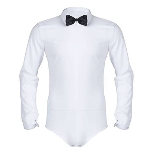Trajes de moda para hombre, traje de cuerpo con cremallera latina moderna danza Body con pajarita de una sola pieza Leotardo trajes de baile para hombre, blanco, L Cover