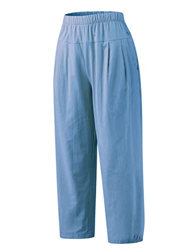 Image of Bozanly Womens Summer Capri Pants Elastic Waist Cotton Linen Yoga Cropped Pants Trousers(0520-DenimBlue1-XXL), XX-Large