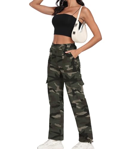FREEOAK Women's Cargo Pants with Elastic Drawstring Y2K Baggy Pants for Fall 2025 Casual Wideleg Trousers Ankle Cuff Camo - Green