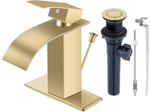 RNDIOZD Brushed Gold Bathroom Faucet with Lift Rod Drain, Waterfall Bathroom Sink Faucet Modern Single Handle Bathroom Faucte 1 or 3 Hole, RV Mixer Tap Vanity Faucet Washbasin Faucet with Deck by RNDIOZD - Used condition - US$17.66