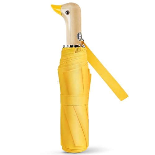 Natuquebrela Yellow Duck Auto Umbrella - Cute Compact Travel Collapsible Windproof Portable Umbrellas for Rain with Duck Wooden Head Handle Adult