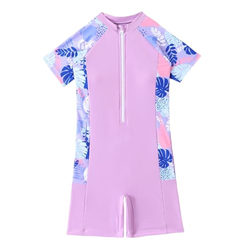 Girls Short Sleeve Rash Guard Zipper Front One Piece Swimsuits Patchwork Boyshorts Bathing Suit Swimwear for 4-13 Years