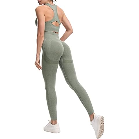 JOJOANS Women's 2 Piece Seamless Tracksuit Set Gym Workout Yoga Outfit Casual Loungewear Racerback Sports Bra and High Waist Leggings (Green, M) Cover
