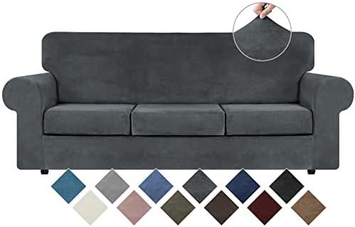 WEERRW 4 Pieces Velvet High Stretch Couch Covers for 3 Cushion Couch Sofa Slipcovers, Washable Furniture Protector with Non Slip Elastic Bottom, Feature Soft and Thick Plush Fabric, Dark Grey, Large