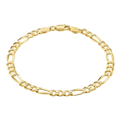 KISPER Mens Gold Bracelet 18K Gold Plated 925 Sterling Silver - 5mm Cuban Link Curb Chain & Figaro Link Bracelets for Men - Sizes 6.5,7,8,9 Inch