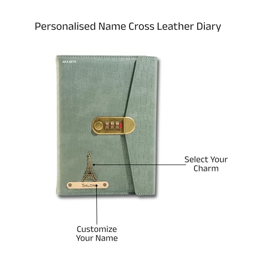 Image of AICA Personalized Name & Charm Lock Leather Diary A5-230 Pages with Locked Password Combination | Customized Daily Journal Notes Gift for Men Women Corporates Boss Staff Manager Colleagues (MintGreen)