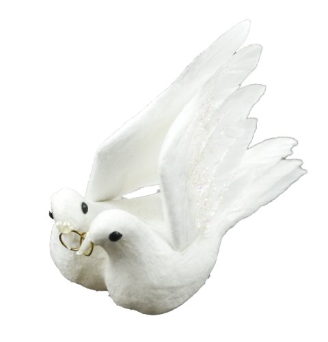 Touch of Nature 1-Piece Flocked/Feather Wedding Dove Couple for Arts and Crafts, 4.5-Inch, White with Gold Colored Rings