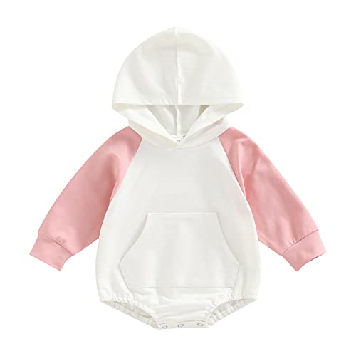 Image of xiqaalombvt Infant Baby Boy Girl Fall Clothes Hoodie Pullover Sweatshirt Romper Color Block Long Sleeve Onesie Outfit (Pink, 0-6 Months)