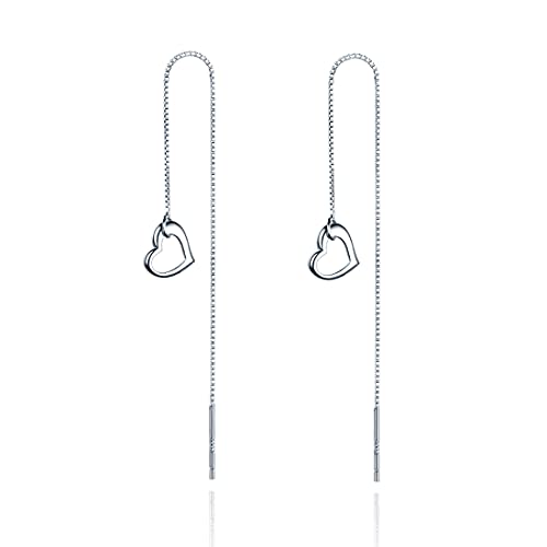 Reffeer Solid 925 Sterling Silver Love Heart Chain Dangle Earrings Drops for Women Teens Heart Tassel Dangle Earrings Threader