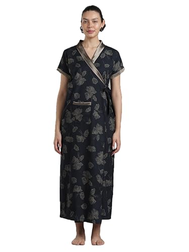 Image of 9shines Label Stylish Cotton Nighty Robe for Women | Front Open Floral Housecoat | Wrap Nighty with Pocket | Adjustable Waist Tie | Plus Size housecoat (HC-2026)