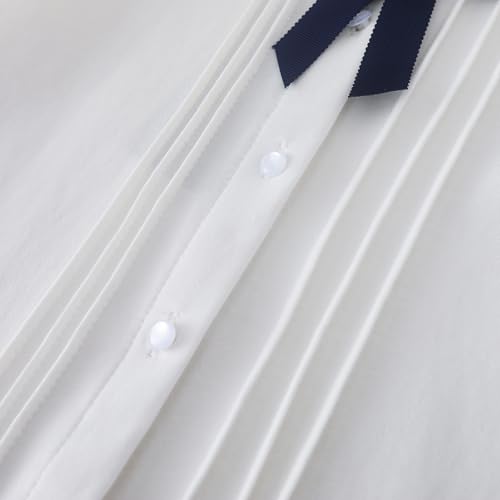 Girls Long Sleeve White Blouse with Navy Bow, Peter Pan Collar, Pleated Front4