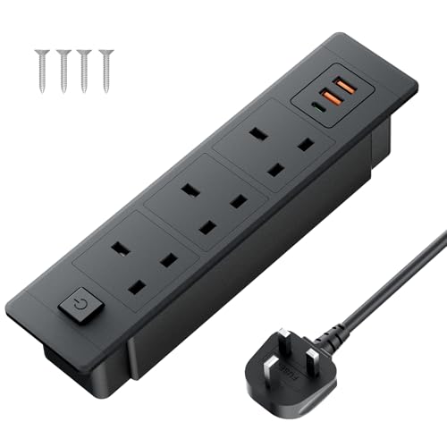 Image of 3 Way Extension Lead 1.8m, Socket Extension Cable, Recessed Desk Power Sockets with 2 USB-A and 1 USB-C Ports, Furniture Recessed Socket for End Table, Sofa, Cabinet, Black