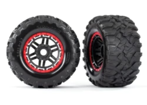 Traxxas 897R Tires & Wheels (Black, Red Beadlock Style, Maxx