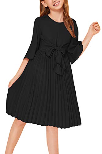 Gorlya Girl's Bell Sleeve Front Bow Tie Casual Elegant Fit And Flare Chiffon Pleated Dress For 4-14T Kids (Gor1032, 13-14Y, Black) #TOP23