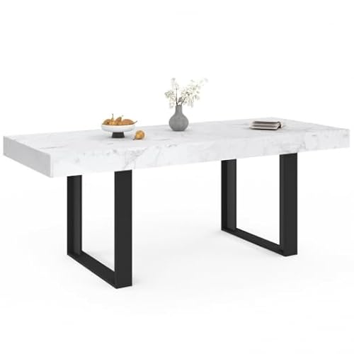 IDMarket Phoenix - Mesa de comedor extensible rectangular 6-10 personas, bandeja efecto mármol blanco Alaska 160-200 cm