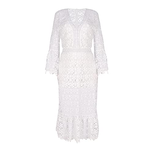 Vestido feminino verão outono renda básico manga longa gola V vestido midi feminino moda C1, Branco,