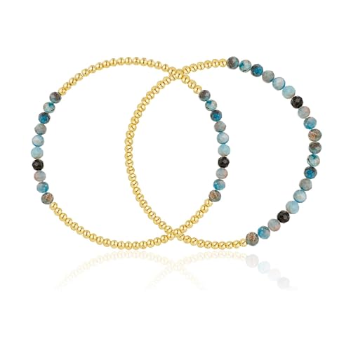 Kainier Gold Beaded Bracelets for Women 2Pairs 14K Gold Plated Stretch Bracelet Set Stackable Tarnish Dainty Natural Stone Bead Bracelets Gift Turquoise