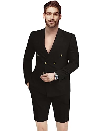 Men's 2 Pieces Slim Fit Suit Double Breasted Blazer Short Suits for Men