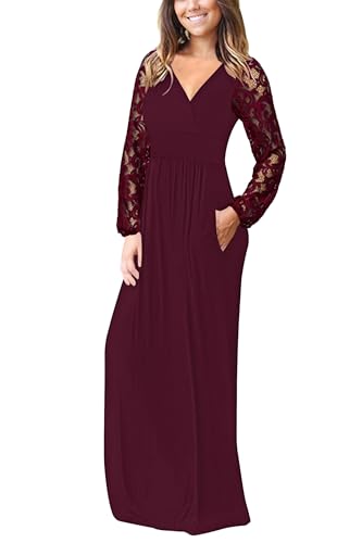 Image of AUSELILY Womens Long Sleeve Maxi Dress 2026 Fall Lace Long Sleeve Dress V Neck Wrap Waist Long Dresses with Pockets