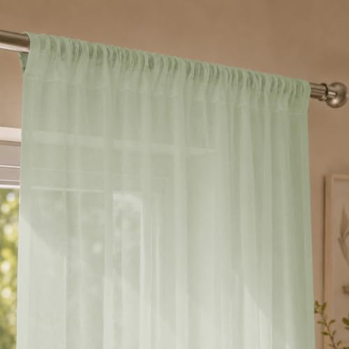Image of LINENWALAS Aesthetic Sheer Curtains 8 Feet Long Set of 2, Poly Linen Shrink & Fade Proof Drapes for Semi Long Door, Semi Transparent Modern Panels with Rod Pocket Hanging for Living Room (Sage Green)