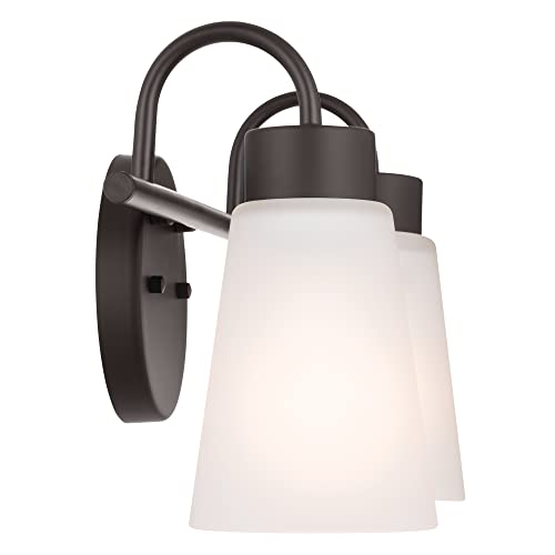 Image of Kichler Erma 2-Light Bathroom Vanity Light Fixture with Satin Etched Glass Shades, Updated Traditional Wall Sconce in Olde Bronze for Mirror (13.5 inch x 8.5 inch x 6 inch), 55125OZ