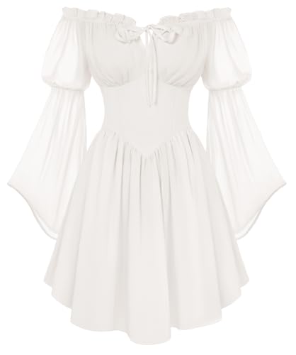 Image of SCARLET DARKNESS Women's Renaissance Corset Dress Summer Off Shoulder Mini Dresses Chiffon Long Sleeve Flowy Fairy Dress White XXL