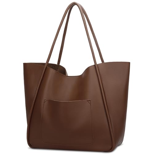 KKXIU Tote Bag for Women Vegan Leather Shoulder Purse Large Capacity Travel Bag - Dark Brown