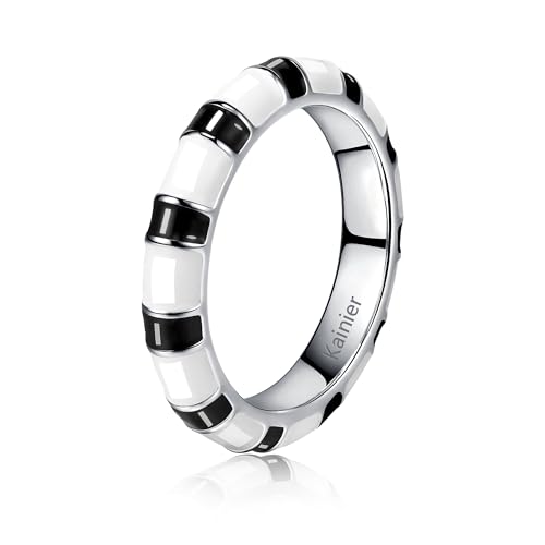 Kainier Chunky Gold Statement Rings for Women Enamel 14K Gold Silver Tone Cute Stripe Thumb Band Black and White Comfort Fit Size 5-10 Silver 5