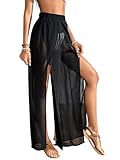 Verdusa Women's See Through Cover Up Pants Elastic High Waist Split Thigh Sheer Swimsuit Bikini Bottom Black Medium