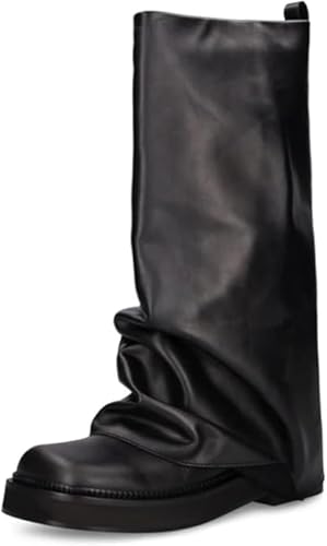 Women Slouchy Knee High Boots Casual Round Toe Pull On Riding Biker Boots Fold Over Chunky Low Heel Platform Boot Black Size 7