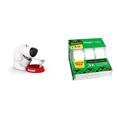 Scotch Dispensador para Cinta Adhesiva con Forma de Perro + Magic Cinta Adhesiva Invisible - 2 Rollos de 19mm x 7,5m + 1 GRATIS - Cinta Adhesiva de Uso General p