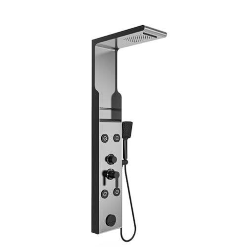 ELLO&ALLO Shower Panel Tower System with Shelf, Rainfall Shower Head and Rain Massage System with Body Jets, Stainless Steel Bathroom Fixtures, Brushed Nickel&Black