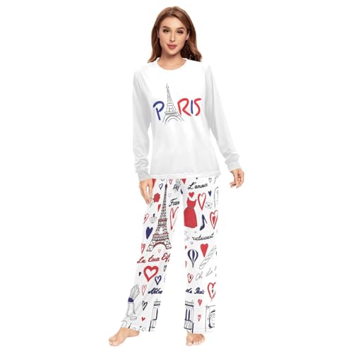 Fustylead Paris Letter with Eiffel Tower Unisex Pajama Set 2PCS Long Sleeve Soft Lounge Set with Pocket for Men Women