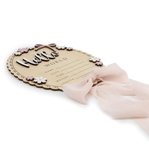 Hello World Baby Holzschild mit Ständer und rosa Schleife – Holz Meilensteinkarten für Baby Geburtsankündigung – Hölzernes Baby Ankündigungsschild mit Blumen für Neugeborene Fotoshooting, Baby Shower