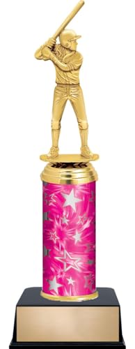 12" Softball Batter Female Trophies - Custom Engraved Softball Pink and Silver Star Column Trophy Awards