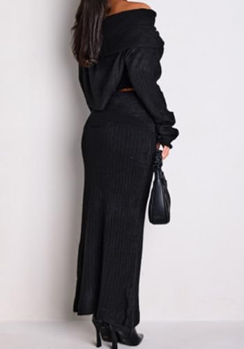Image of Unybwonn Skirt Sets Women 2 Piece Outfits off the Shoulder Sweater and Knitted Skinny Maxi Skirts Fall Casual Outfits
