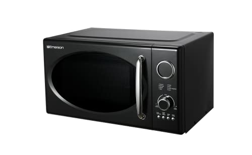 Emerson Radio .9 Cu Ft Digital Microwave Oven, Grill Function, 1,000 Watt, Retro & Chrome, 8 Pre-Programmed Settings, Express & Defrost, Chrome Handle & Control Buttons, Timer & Led Display #TOP1