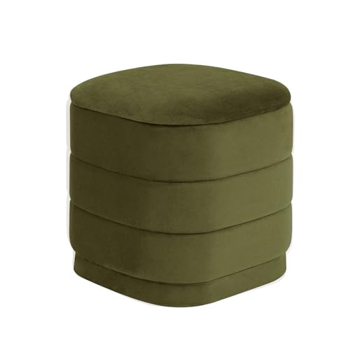 Image of 15 inch Velvet Storage Ottoman with Tray, Foldable Square Ottoman Footrest with Reversible Wood Lid, Collapsible Storage Footstool for Bedroom, Living Room, Dorm, Olive Green