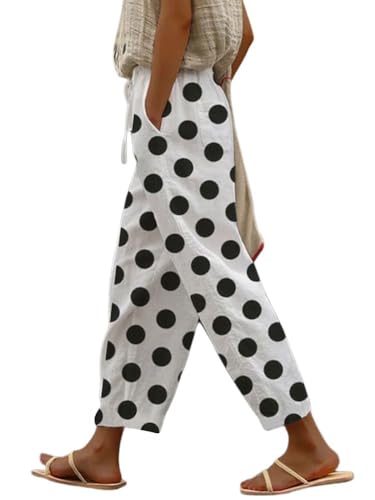 chouyatou Women's Vintage Floral Print High Elastic Waist Wide Leg Capri Beach Palazzo Pants with Pockets (Large, Polka Dot)