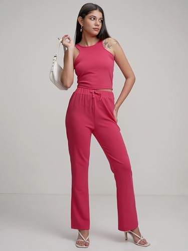 Image of Tokyo Talkies Women's Co-ord Set | Sleeveless Crop Top & Drawstring Trousers | Perfect for Casual Outings & Vacations