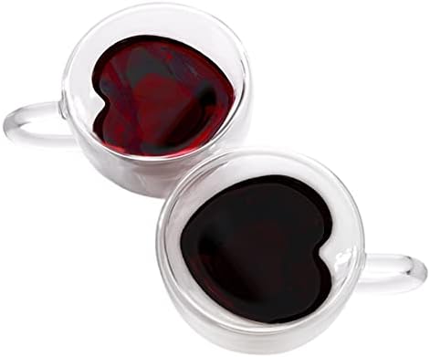 HCA Outdoors Double Walled Glass Coffee Mugs, 8.5oz/250ml Insulated Espresso Cups, Regular Shape Teacup, Clear Glasses Cappuccino Mug with Handle (Set of 2) (Heart Shape)