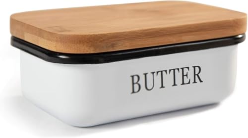 Madera Nieve Mantequillera con tapa de madera, campana para 250 g de mantequilla, mantequillera multiusos, con tapa de bambú elegante y sostenible. (Blanco, 250g)