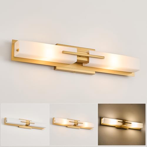Image of VitaLink Gold Vanity Light, 24 inch Modern Bathroom Wall Light Over Vanity Mirror 2-Light Hardwired Milky White Glass Wall Light for Bedroom Living Room Dining Room Hallway