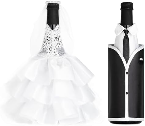 Magik Life Wedding Wine Bottle Covers Set – Bride & Groom Bottle Decorations for Wedding Table – Elegant Wine Gift for Couple, Bridal Shower, Engagement, Reception Décor – White & Black image 5