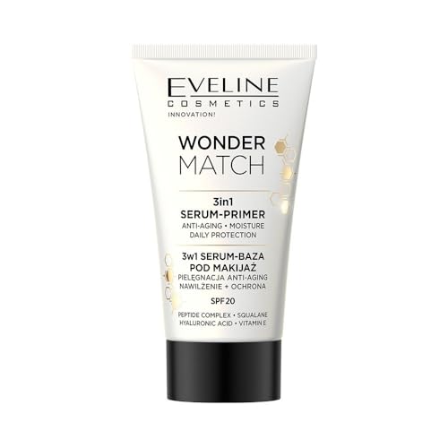 Eveline Cosmetics WONDER MATCH 3-in-1 Anti-Aging Makeup Primer Serum | Hydrating, Nourishing & Brightening | Vegan Formula with Peptides, Squalane & Hyaluronic Acid | SPF 20