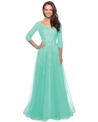Women's V Neck Mother of Bride Dress 3/4 Sleeve Tulle Long Formal Evening Gowns with Pockets