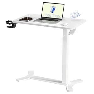FLEXISPOT H7 Adjustable Overbed Bedside Table with Wheels Pneumatic Mobile Standing Desk Laptop Desk Rolling Computer Cart Movable Overbed Table Hospital Home Use(27.6″ W x 15.7″ D, White)