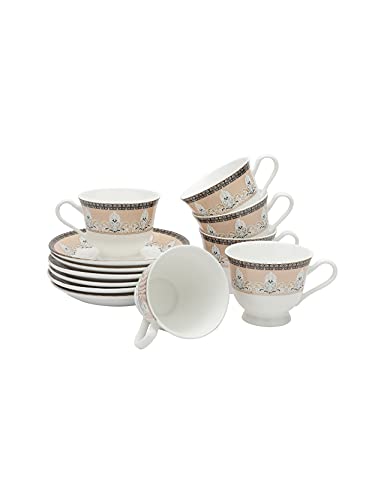 Image of Clay Craft Fine Ceramic Cup and Saucer Set of 12 (6 Tea Cups + 6 Saucers) Can Be Used for Birthdays, Anniversaries, Parties, Mother, Father, Sister, Beige Brown, Medium (CC-CS12-NEWGEORGIAN-S399)