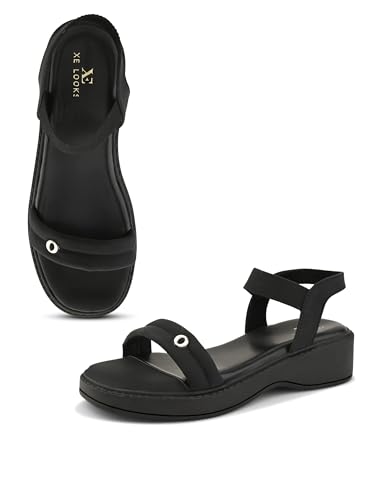 Image of XE Looks Women's Slip-On Sandals with Back Strap | Elastic Ankle Band & Cushioned Footbed | Minimalist Low Heel Sandals for All-Day Comfort